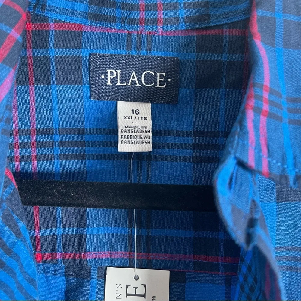 The Children’s Place Boys Plaid Poplin Button-Down Shirt – Blue (XXL / 16)
